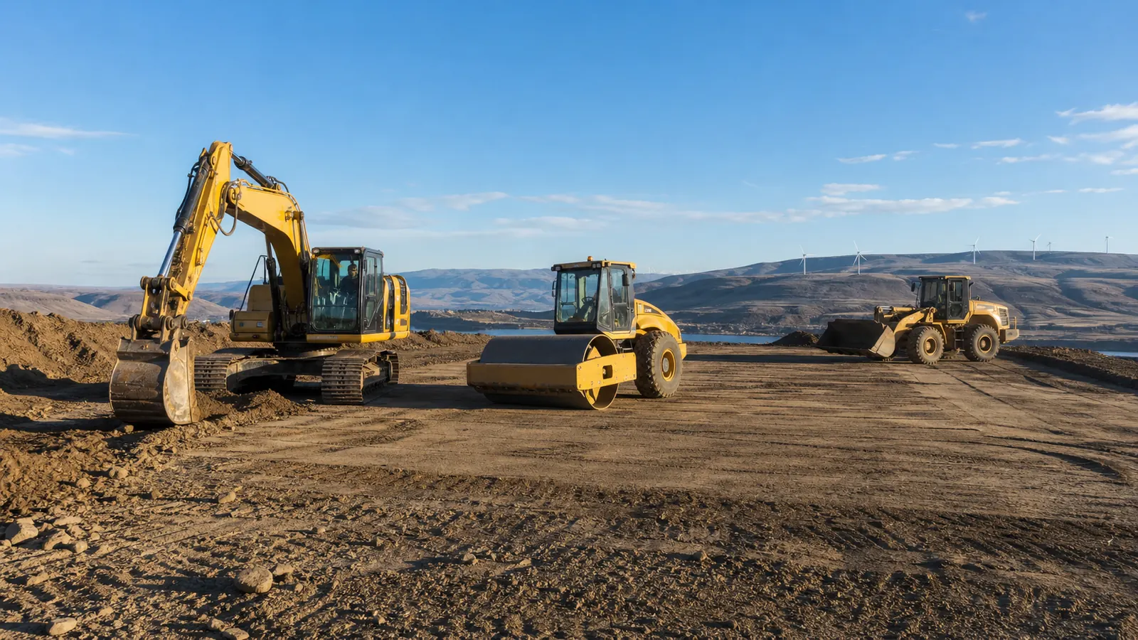 Yellow Grade Worx excavation fleet shaping a commercial site development pad near Goldendale, Washington