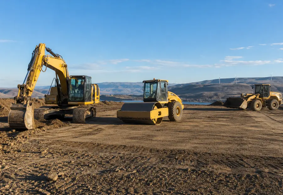Grade Worx excavator, roller, and loader staged on a commercial excavation site near Goldendale, Washington