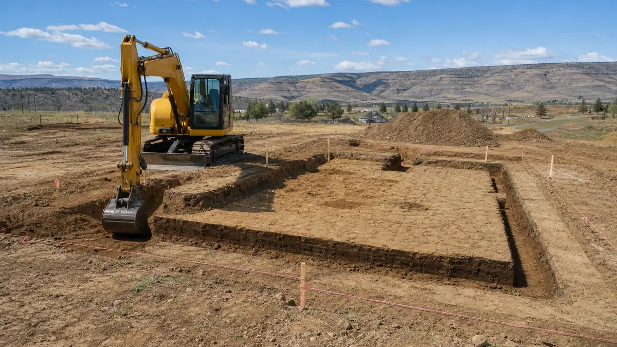 Foundation excavation cut with a Grade Worx excavator and rural Goldendale, Washington terrain behind it