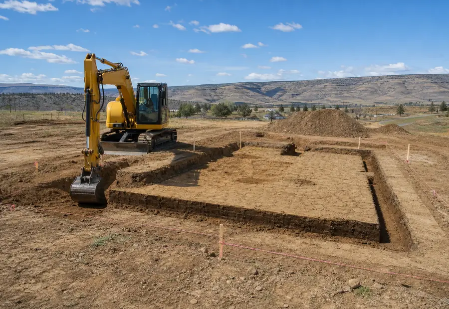 Excavator cutting a rectangular foundation footprint on a rural Goldendale, Washington building site