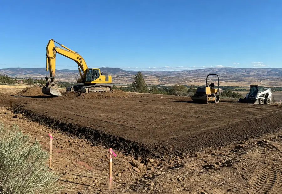 Excavator and compactor preparing a rural residential building pad in Klickitat County, Washington