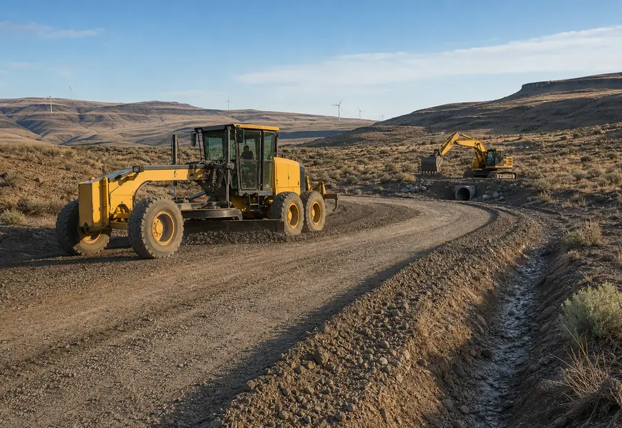 Road access and drainage grading across open Columbia Gorge terrain near Goldendale, Washington